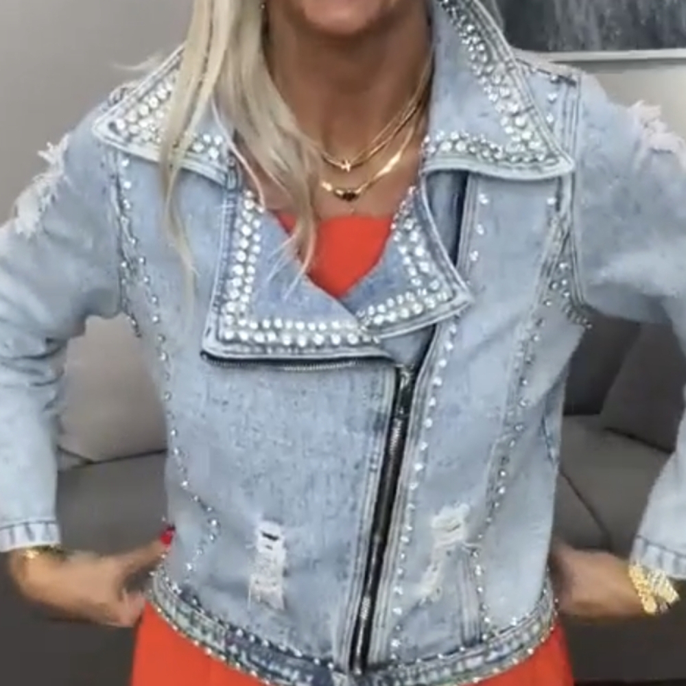 Studded Denim Jacket with Orange Dress